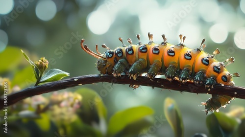 A realistic depiction of a caterpillar crawling along a twig, with a soft-focus background that highlights its details and color photo