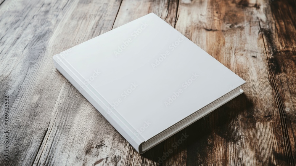 Fototapeta premium Minimalist blank white book cover mockup on wooden table with ample copy space for design