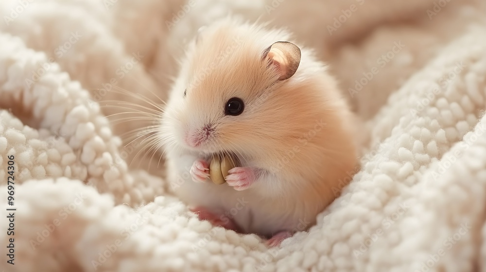 A fluffy baby hamster sitting on a soft pastel-colored blanket, with its tiny paws holding a sunflower seed, light solid color background A fluffy baby hamster sitting on a soft pastel-colored blanket, with its tiny paws holding a sunflower seed, light solid color background