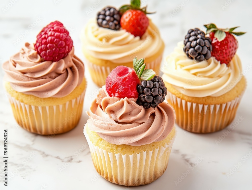 Deliciously decorated cupcakes with fresh berries on a marble table Deliciously decorated cupcakes with fresh berries on a marble table