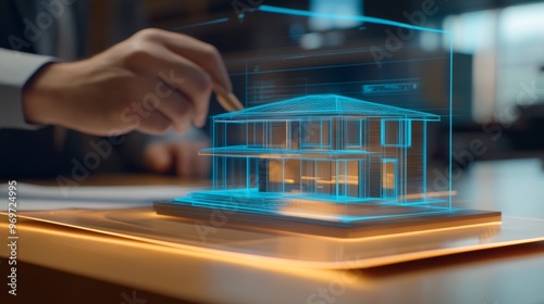 An architect skillfully works on a holographic 3D model of a contemporary house, showcasing innovative design techniques during an office project meeting