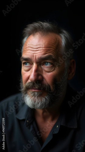 Thoughtful Bearded Man with Blue Eyes in Dramatic Lighting