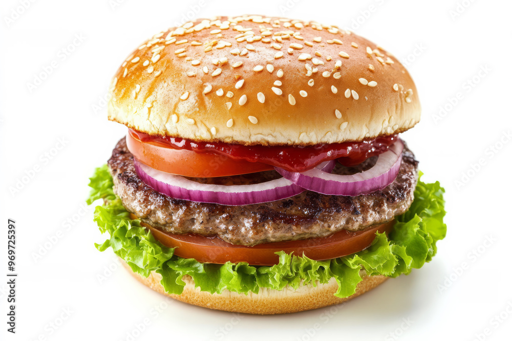 Gourmet Burger with Bacon and Cheese on a Clean White Background