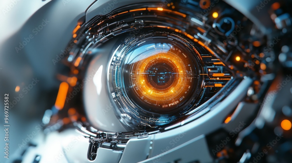 A detailed view of a robotic eye showcasing advanced circuitry and glowing components, reflecting the merging of technology and vision in a futuristic design A detailed view of a robotic eye showcasing advanced circuitry and glowing components, reflecting the merging of technology and vision in a futuristic design