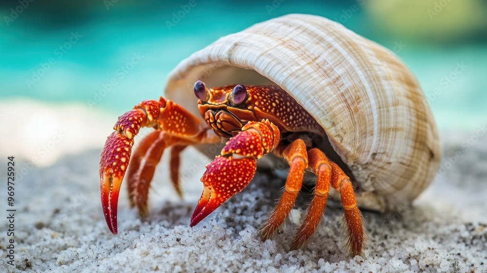A close-up shot of a hermit crab in its shell A close-up shot of a hermit crab in its shell