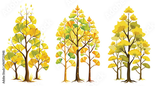 Vibrant Ginkgo Tree Illustration With Yellow And Green Leaves - Illustration of a ginkgo tree featuring vibrant yellow and green fan-shaped leaves, highlighting nature's beauty and botanical diversity