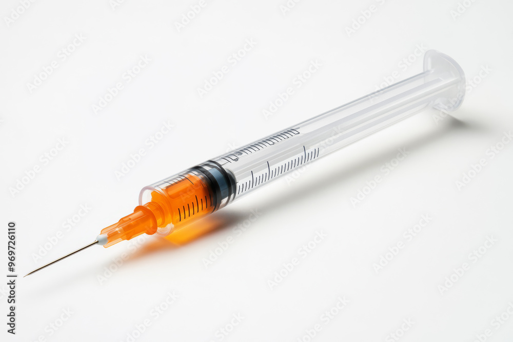 Clinical Syringe and Needle Ready for Injection on White Clinical Syringe and Needle Ready for Injection on White