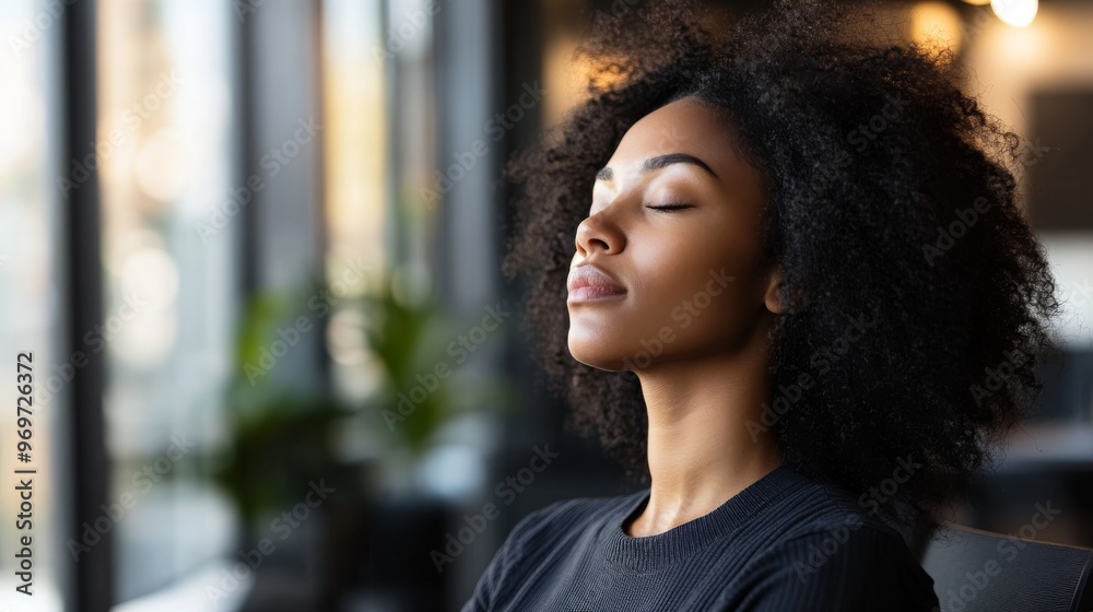A young woman enjoys a peaceful moment with her eyes closed, surrounded by large windows and a stylish office interior filled with greenery A young woman enjoys a peaceful moment with her eyes closed, surrounded by large windows and a stylish office interior filled with greenery