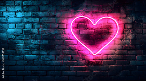 “Neon Heart on a Dark Brick Wall Background with Pink and Blue Glow” 