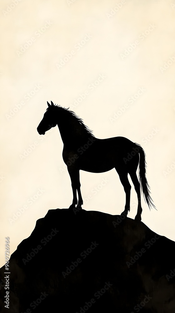 A wild horse standing majestically on a hilltop, silhouetted against a soft light solid color background