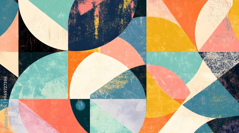 Fototapeta premium Geometric shapes intermingled in a colorful collage, providing a creative backdrop with a light solid color