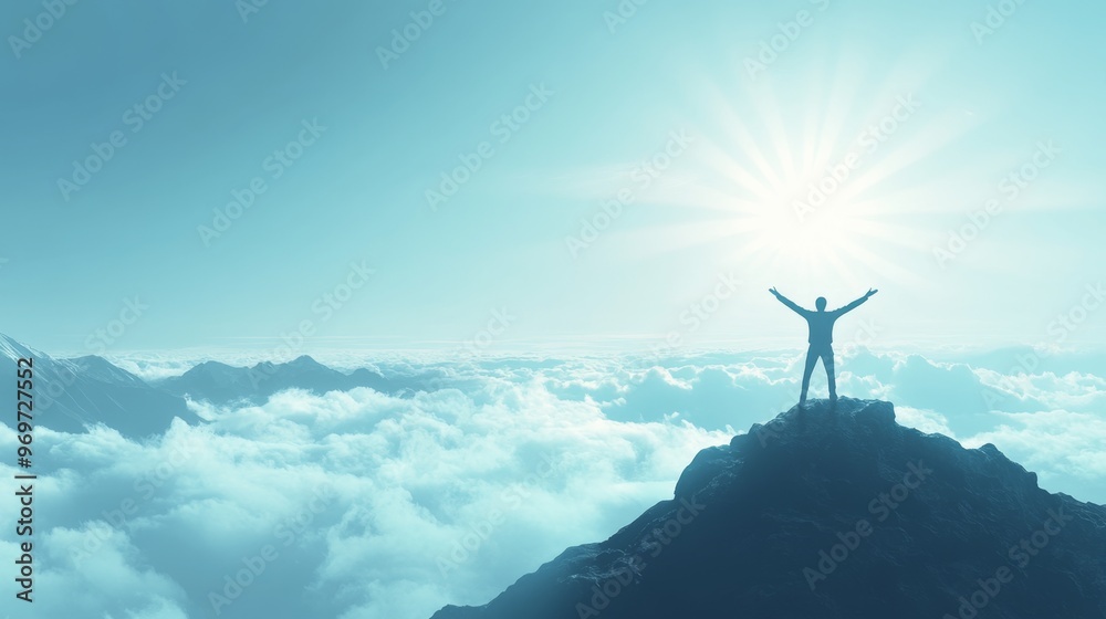 Obraz premium Person celebrates achievement on mountain peak under a radiant sky with clouds at sunrise