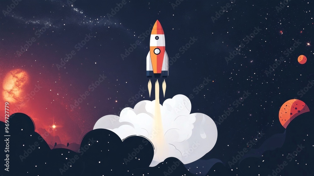 A colorful rocket launches into space, leaving behind a trail of smoke against the stars A colorful rocket launches into space, leaving behind a trail of smoke against the stars