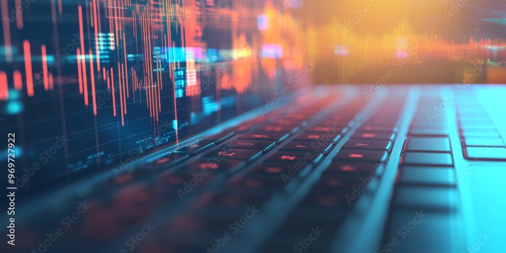 Abstract stock market graph over a laptop keyboard representing financial analysis and strategy Abstract stock market graph over a laptop keyboard representing financial analysis and strategy