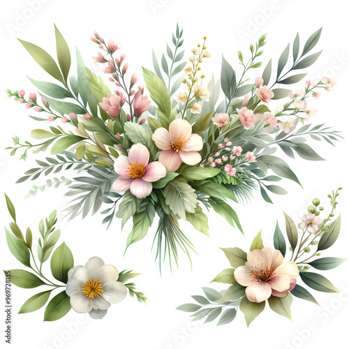 Watercolor of spring floral green leaves and flowers, bouquets greeting or wedding card decoration