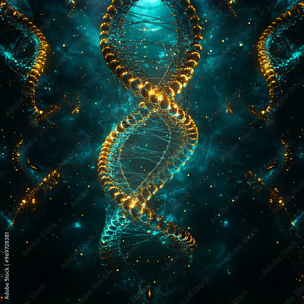 a symmetrical background with intertwining double helix structures of DNA, incorporating glowing double helix structures in shades of cosmic teal, biotech green, and genetic gold. in Healthcare Fusion a symmetrical background with intertwining double helix structures of DNA, incorporating glowing double helix structures in shades of cosmic teal, biotech green, and genetic gold. in Healthcare Fusion
