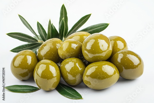 Organic Whole Green Olives on Clean White Surface