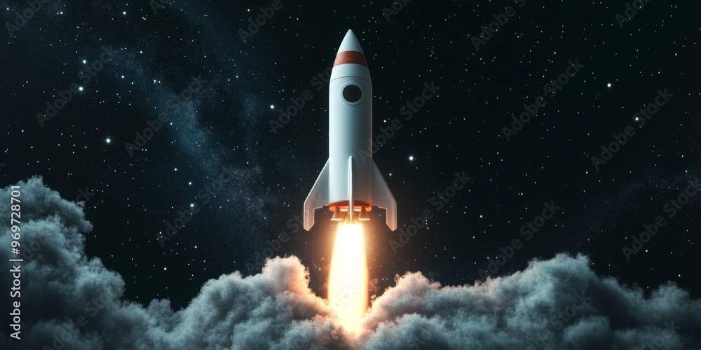 Naklejka premium Rocket launch into space with gray smoke and stars in the background for an AI company concept