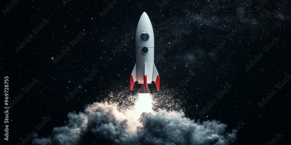 Fototapeta premium A detailed white rocket with red accents launches into space, surrounded by stars and gray smoke