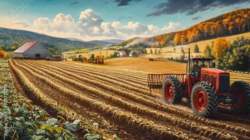 Scenic view of a red tractor plowing a vast farmland with rolling hills and a barn in the background under a partly cloudy sky.