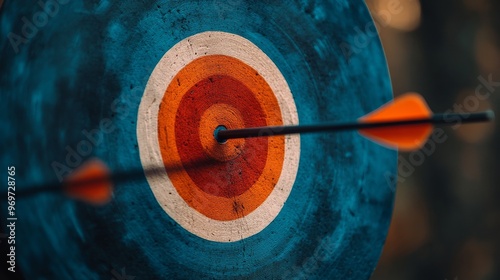 An arrow is firmly embedded in the middle of a vibrant target, showcasing a perfect shot during an afternoon archery practice in a peaceful outdoor environment photo