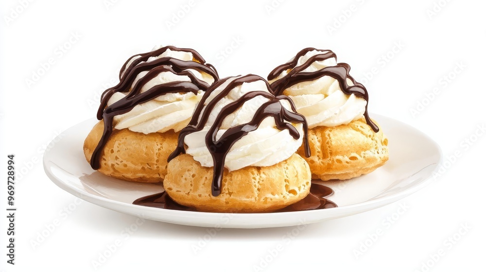 Delicious cream-filled pastries topped with whipped cream and drizzled chocolate, perfect for dessert lovers and festive occasions. Delicious cream-filled pastries topped with whipped cream and drizzled chocolate, perfect for dessert lovers and festive occasions.