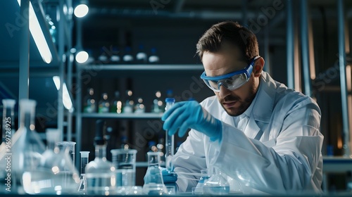 Scientist in laboratory performing research with glassware, focused on analysis and experiment in a modern scientific environment.