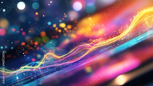 Vivid wave patterns create a mesmerizing visual against a backdrop of blurred lights, blending colors and shapes to evoke a sense of movement and energy