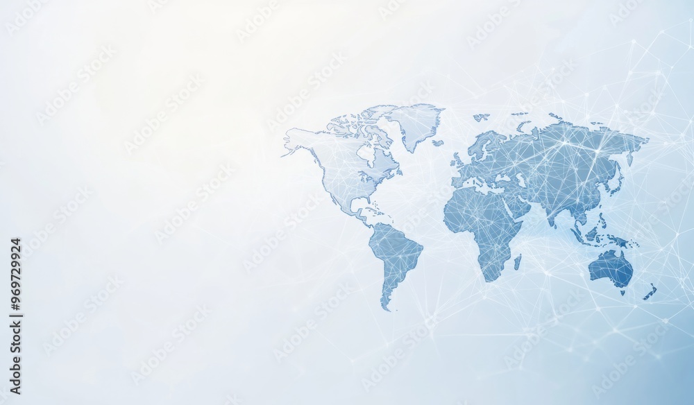 Abstract Global Network Design with Light Blue Background, World Map, and White Space for Text or Logo. Flat Design Illustration Featuring a White Grid Pattern and Gradient Effect. Abstract Global Network Design with Light Blue Background, World Map, and White Space for Text or Logo. Flat Design Illustration Featuring a White Grid Pattern and Gradient Effect.