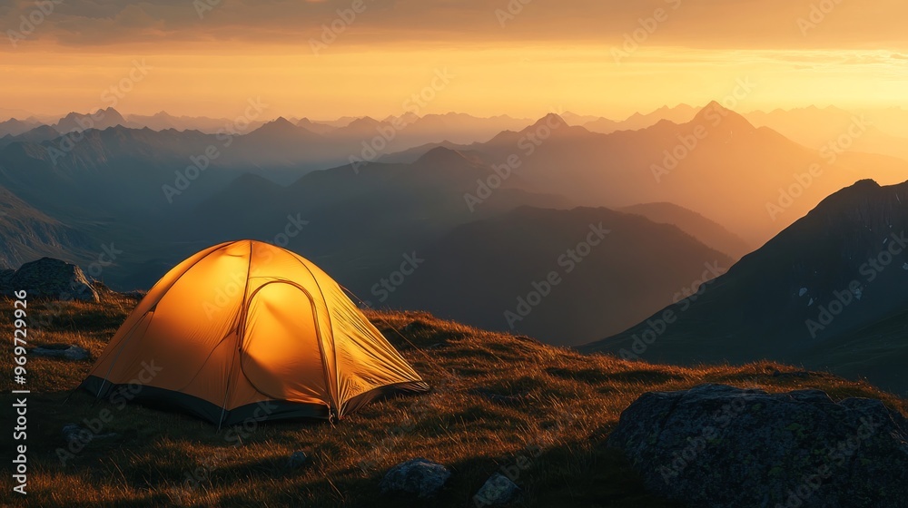A yellow tent glows warmly against the backdrop of majestic mountains during sunset, capturing the tranquility of outdoor camping in nature A yellow tent glows warmly against the backdrop of majestic mountains during sunset, capturing the tranquility of outdoor camping in nature