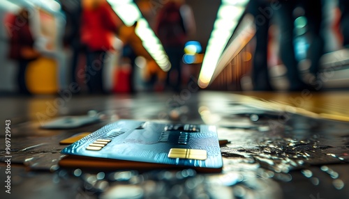 Lost credit card on subway floor with blurred commuters in the background, captured with a 50mm lens, reflects urban anonymity and unnoticed moments. photo