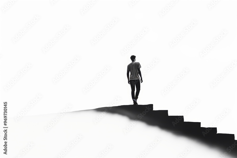 Silhouette of a man climbing stairs isolated on a pristine white background for visual impact Silhouette of a man climbing stairs isolated on a pristine white background for visual impact