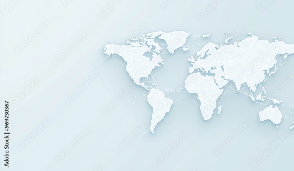 Abstract Global Network Design with Light Blue Background, World Map, and White Space for Text or Logo. Flat Design Illustration Featuring a White Grid Pattern and Gradient Effect. Abstract Global Network Design with Light Blue Background, World Map, and White Space for Text or Logo. Flat Design Illustration Featuring a White Grid Pattern and Gradient Effect.