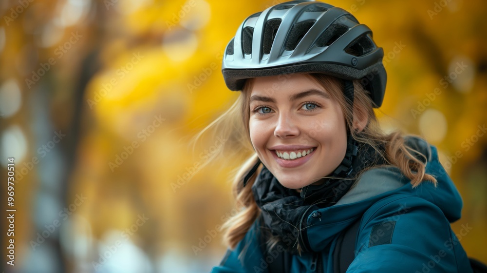 Smiling woman wearing a helmet during an autumn bike ride Smiling woman wearing a helmet during an autumn bike ride