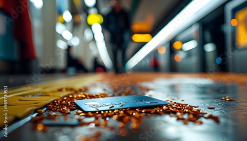 Lost credit card on subway floor with blurred commuters in the background, captured with a 50mm lens, reflects urban anonymity and unnoticed moments. photo