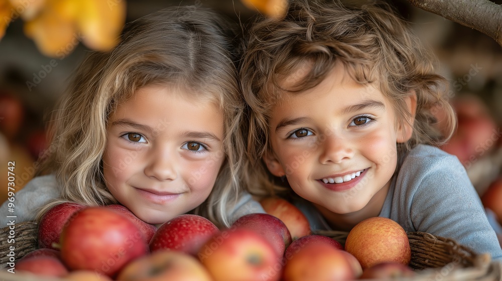 Smiling children with apples in an autumn orchard setting Smiling children with apples in an autumn orchard setting