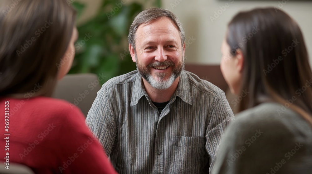 Three individuals are discussing and smiling warmly in a comfortable indoor space, surrounded by plants, creating an inviting and friendly atmosphere Three individuals are discussing and smiling warmly in a comfortable indoor space, surrounded by plants, creating an inviting and friendly atmosphere