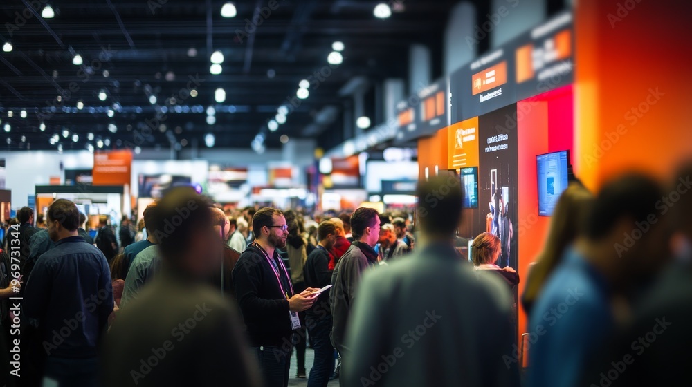 Fototapeta premium Attendees gather in a vibrant exhibition hall filled with colorful displays, engaging with technology vendors and networking during a lively conference event