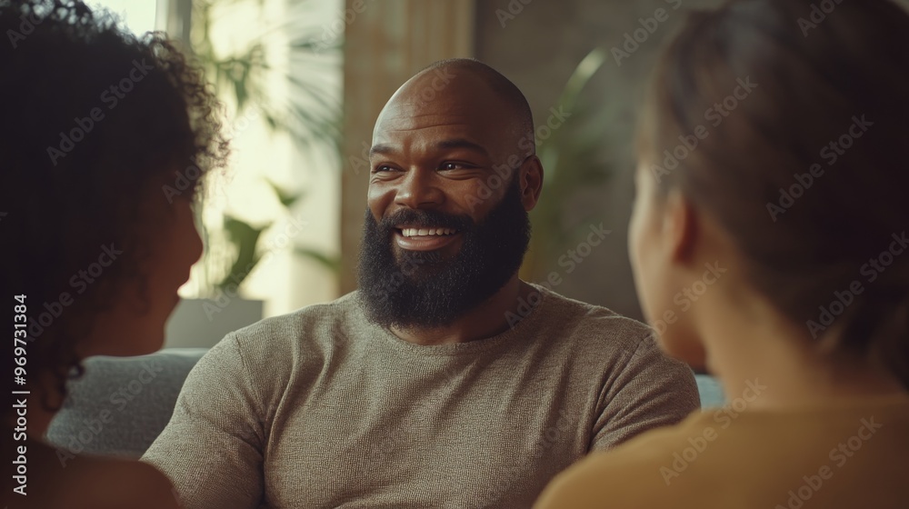 A smiling man with a beard shares a warm moment with two women, highlighting friendship and connection in a stylish interior filled with natural light A smiling man with a beard shares a warm moment with two women, highlighting friendship and connection in a stylish interior filled with natural light