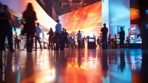 The atmosphere buzzes with excitement as attendees engage with various exhibits showcasing innovative technology and interactive displays in a lively exhibition setting photo