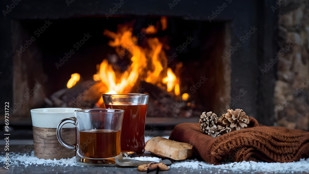 A cozy winter scene by the fireplace, with a wool blanket, a book, and a mug of Chaga mushroom tea A cozy winter scene by the fireplace, with a wool blanket, a book, and a mug of Chaga mushroom tea