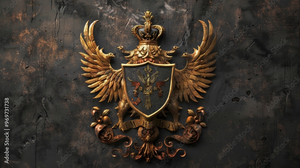 Fototapeta premium Elegantly Designed Family Crest with Crown and Wings Symbolizing Heritage and Honor