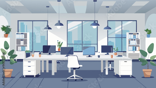 A large open office space with a lot of natural light and plants