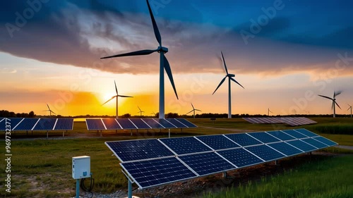 A serene landscape of wind turbines and solar panels at sunset, showcasing renewable energy solutions through vibrant cinematography