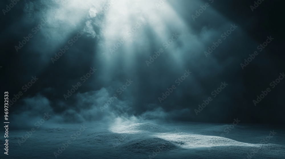 Mysterious light rays pierce through dark clouds and smoke over a sandy floor Mysterious light rays pierce through dark clouds and smoke over a sandy floor