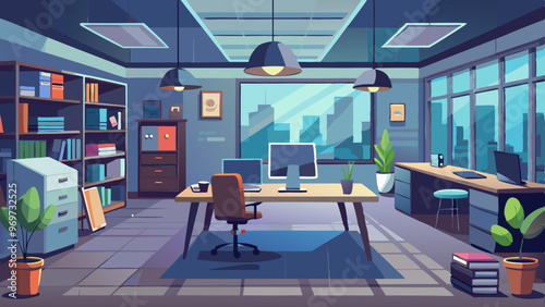 A clean and organized office space with a desk, chair, and potted plants