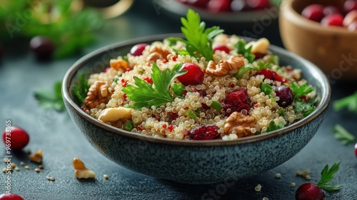 banner featuring a homemade quinoa salad with cranberries and walnuts, highlighting superfood ingredients