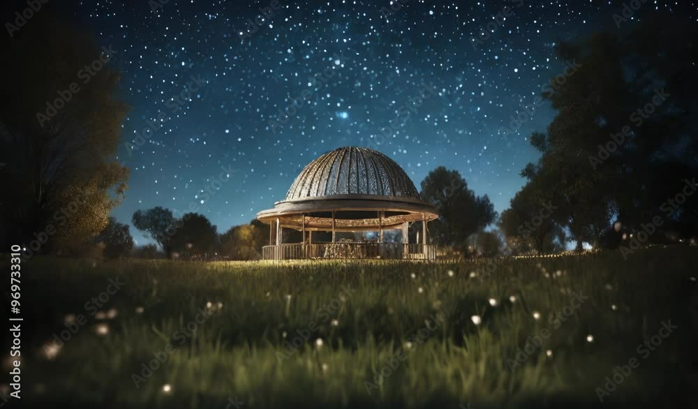 Nighttime View of a Park with a Round Building under a Starry Sky Nighttime View of a Park with a Round Building under a Starry Sky