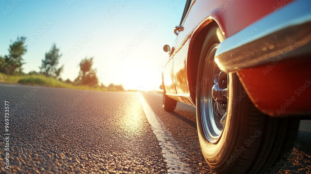 Bright Sunset Captures a Classic Car Parked Beside an Open Road at Golden Hour Bright Sunset Captures a Classic Car Parked Beside an Open Road at Golden Hour