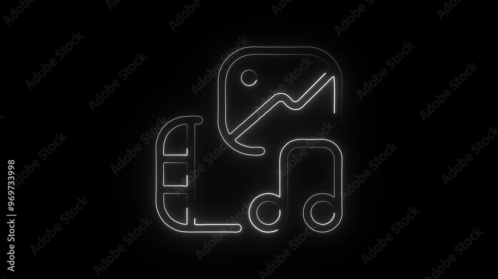 Neon Photo-Film-Music icon on dark background. Glowing animated Photo-Film-Music symbol. Digital Photo-Film-Music icon visual. Neon Photo-Film-Music icon on dark background. Glowing animated Photo-Film-Music symbol. Digital Photo-Film-Music icon visual.